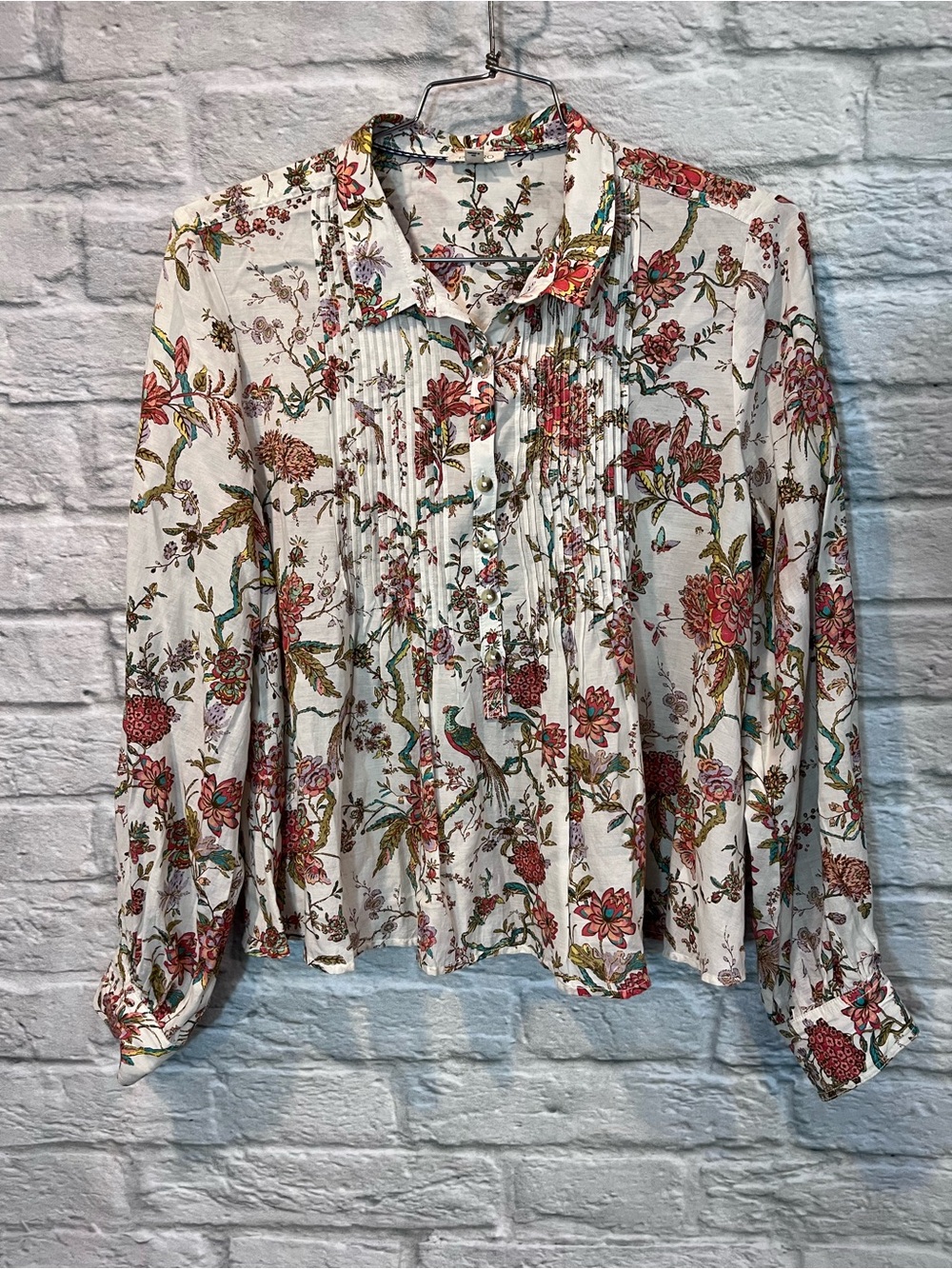 Anthropologie Pilcro Large - Jolie Pleated Peasant Blouse - Floral Peacocks - Picture 2 of 13